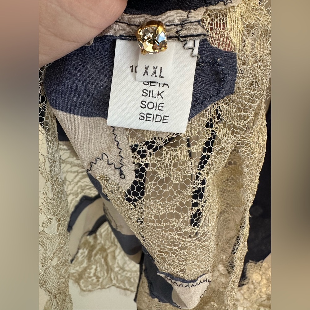 Rosamosario 100% Silk Bodysuit Playsuit Navy Cream Stripes Champagne Lace Silk - Picture 13 of 17